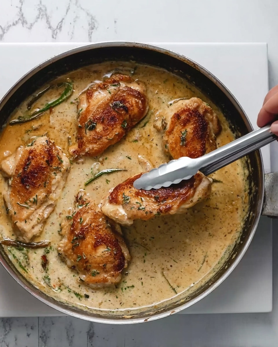 A close-up image of a cooking pan filled with four pieces of golden brown cooked chicken sitting in a creamy light brown sauce with visible green herbs. A woman's hand is holding metal tongs, lifting one piece of chicken from the pan. The background is a white marbled surface. photo taken with an iphone --ar 4:5 --v 7