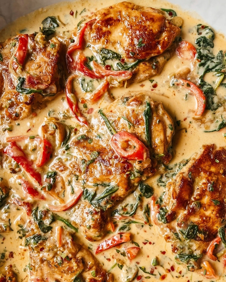 The image shows several golden brown cooked chicken pieces covered in a thick, creamy light beige sauce. The sauce has red bell pepper strips, wilted dark green spinach leaves, and small bits of herbs mixed in. The chicken looks tender with some browned spots showing through the sauce. The vegetables and herbs add splashes of red and green colors across the creamy surface, making the dish look rich and flavorful. The background is a clean white marbled texture. photo taken with an iphone --ar 4:5 --v 7