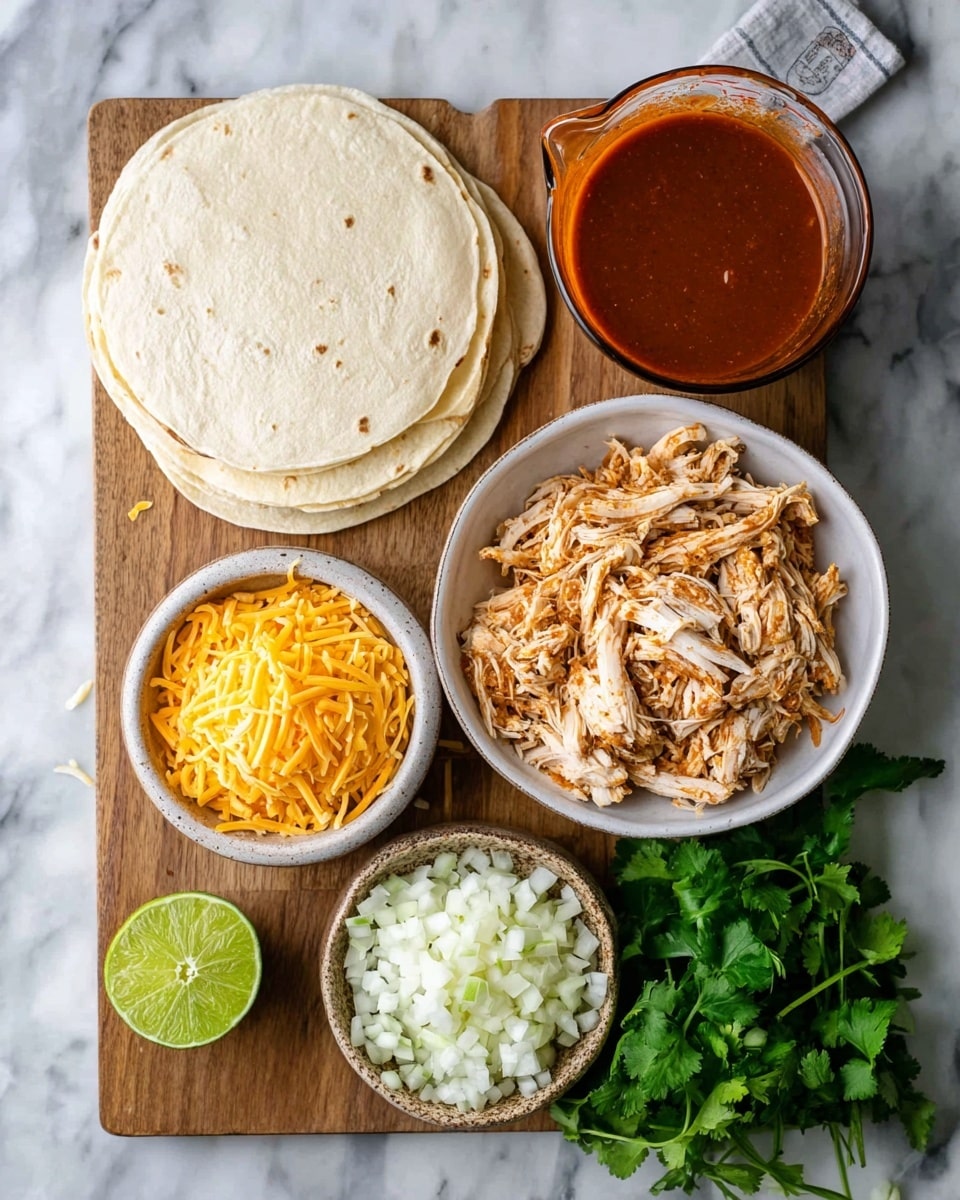 The image shows a wooden board on a white marbled surface with several bowls and ingredients arranged. On the board, a large white bowl filled with shredded cooked chicken is placed on the right side, with sprigs of fresh green cilantro lying beside it. Below this bowl, two small bowls hold shredded yellow cheddar cheese and shredded white cheese. Next to these, a small bowl contains finely chopped white onions, and above that, a stack of pale white corn tortillas rests partially overlapping. In the top right corner, a glass measuring cup holds smooth reddish-brown sauce. A halved lime sits near the bottom left corner, adding a fresh green color. Photo taken with an iphone --ar 4:5 --v 7