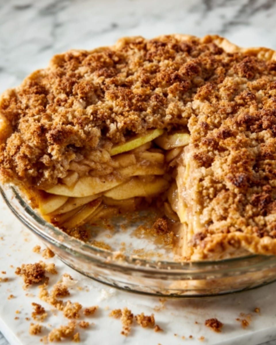 A slice of apple crumb pie is placed on a white plate. The pie has three layers: a golden brown thick crust at the bottom, a soft apple filling with visible apple slices in the middle, and a crumbly, brown streusel topping with small chunks on top. A round scoop of white vanilla ice cream sits on the crumb layer, slightly melting. A silver fork rests on the edge of the plate. In the background, there is a glass container of caramel sauce and a whole apple pie on a white marbled surface, with some green apples and a beige cloth napkin nearby. Photo taken with an iphone --ar 4:5 --v 7