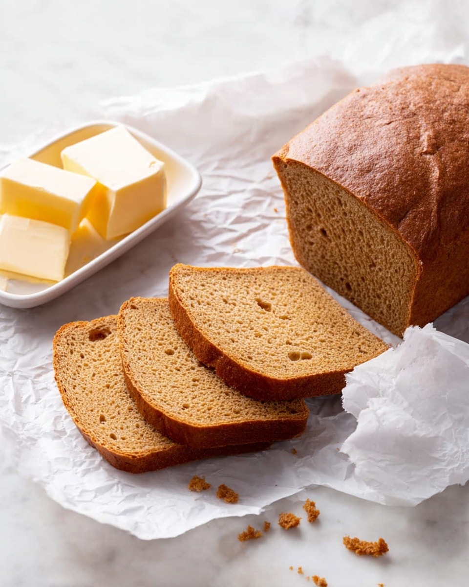 A loaf of golden brown bread sits on a white rectangular plate with two thick slices cut from it, showing a soft, moist texture inside. One slice is placed on a white plate in the front, with a small bite taken from its bottom edge, revealing the crumbly texture. To the right, a white rectangular dish holds three smooth, yellow butter pieces. The background is a white marbled surface, and there is a small glass vase with a few colorful flowers blurred in the background. photo taken with an iphone --ar 4:5 --v 7