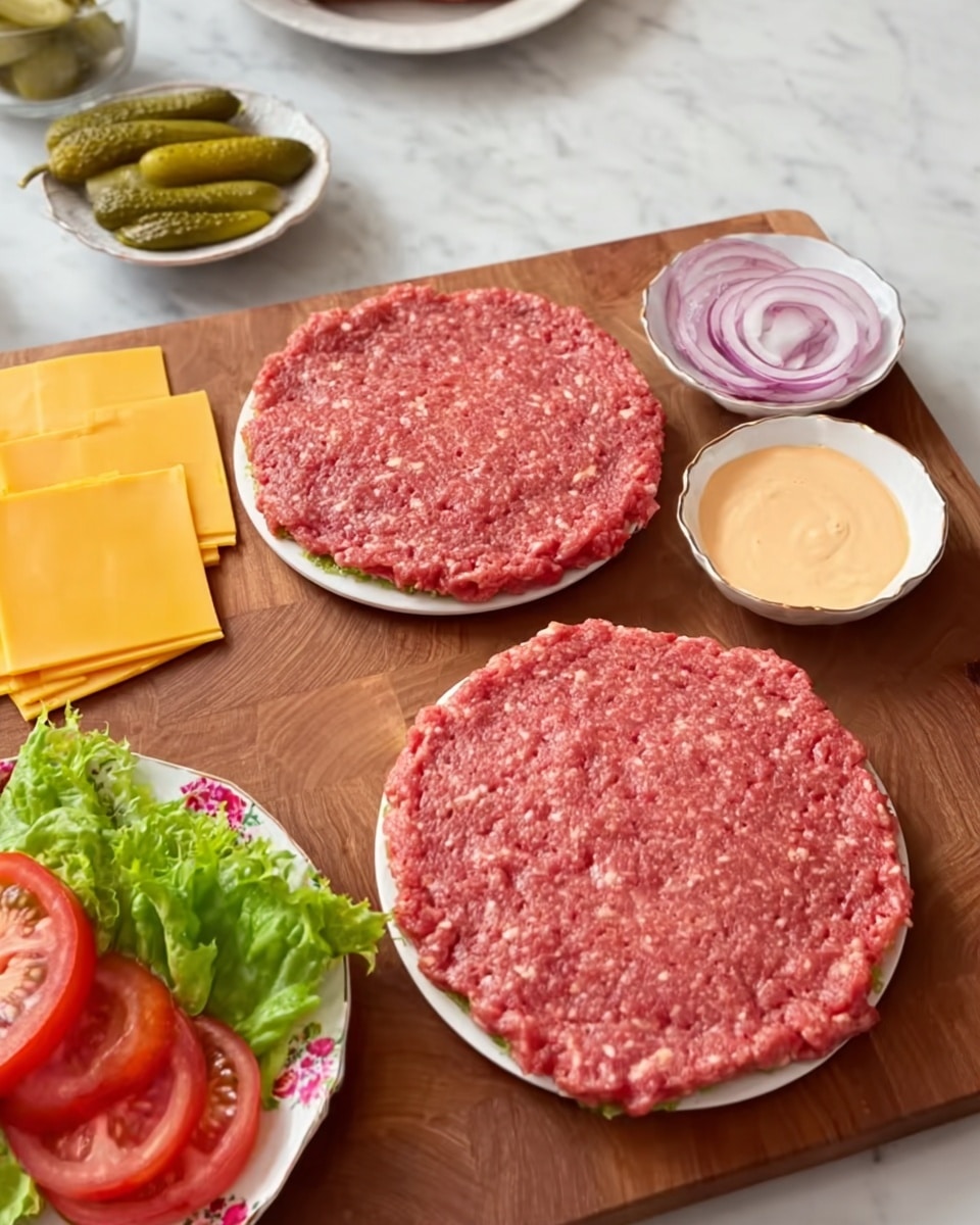 Two flat, round patties of raw ground meat are placed on white plates on a wooden cutting board. Around the board, there are small white dishes: one with sliced green pickles, one with a sauce that is pale orange and creamy, and a plate with fresh green lettuce leaves, sliced red tomatoes, and rings of red onion. Another floral white plate holds several slices of bright yellow cheddar cheese. The background surface is a white marbled texture. photo taken with an iphone --ar 4:5 --v 7
