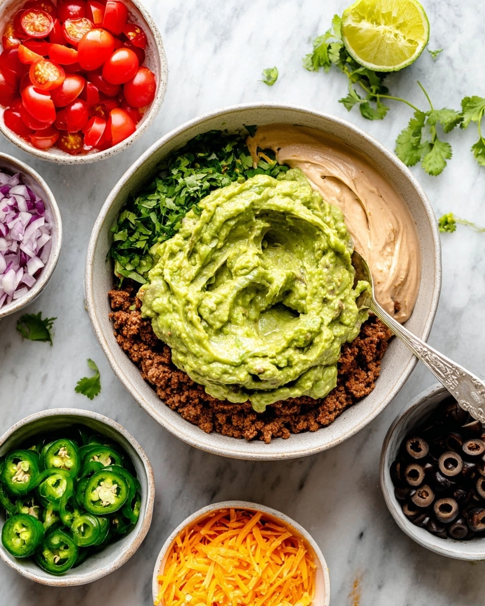 A medium white bowl with three visible layers positioned from bottom to top; the bottom layer is a dark brown ground meat mixture, the middle layer is light beige creamy sauce evenly spread in a circular shape, and the top layer is chunky bright green guacamole centered with an old spoon partially inside it. Surrounding the bowl are small white bowls containing bright red quartered cherry tomatoes, sliced green jalapeno peppers with seeds visible, dark round black olives, shredded orange cheddar cheese, bright green cilantro leaves, and finely chopped purple onions. A wedge of bright green lime and a few cilantro leaves lie on a white marbled surface in the background. photo taken with an iphone --ar 4:5 --v 7