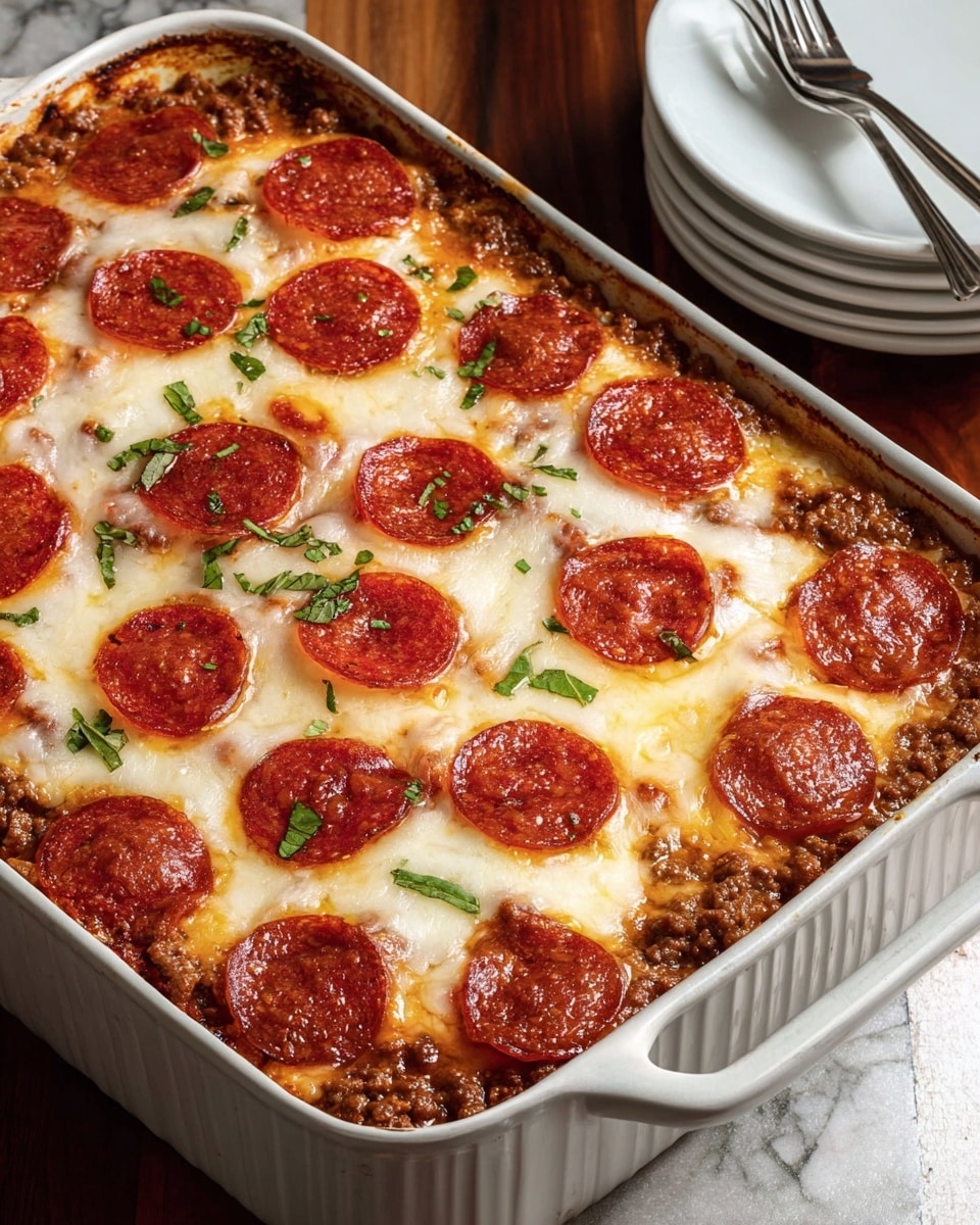 The image shows a baked dish in a white rectangular casserole dish with ridged sides. The dish has three visible layers: the bottom layer is a browned meat sauce with bits of ground meat, the middle layer is a thick, melted, white cheese that covers the whole top evenly, and the top layer has slices of shiny, red pepperoni arranged in neat rows across the surface. Some small green herb pieces are sprinkled over the cheese for color. The casserole dish is set on a wooden table next to a stack of white plates and a fork. The background is a white marbled texture photo taken with an iphone --ar 4:5 --v 7