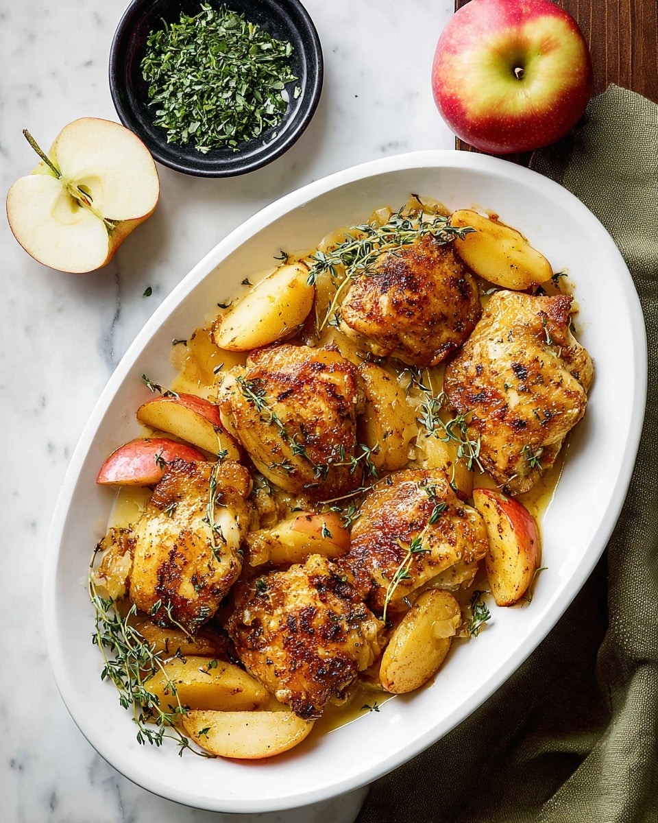 A white oval plate holds six golden-brown cooked chicken pieces arranged casually, surrounded by soft yellow-orange apple slices, with light brown seasoning and herbs sprinkled over the chicken and apples. Thin fresh green thyme sprigs are placed around and on top of the chicken and fruit, adding a touch of green. The plate sits on a surface of white marbled texture, next to a halved red and light green apple and a small black bowl filled with chopped green herbs. Photo taken with an iphone --ar 4:5 --v 7
