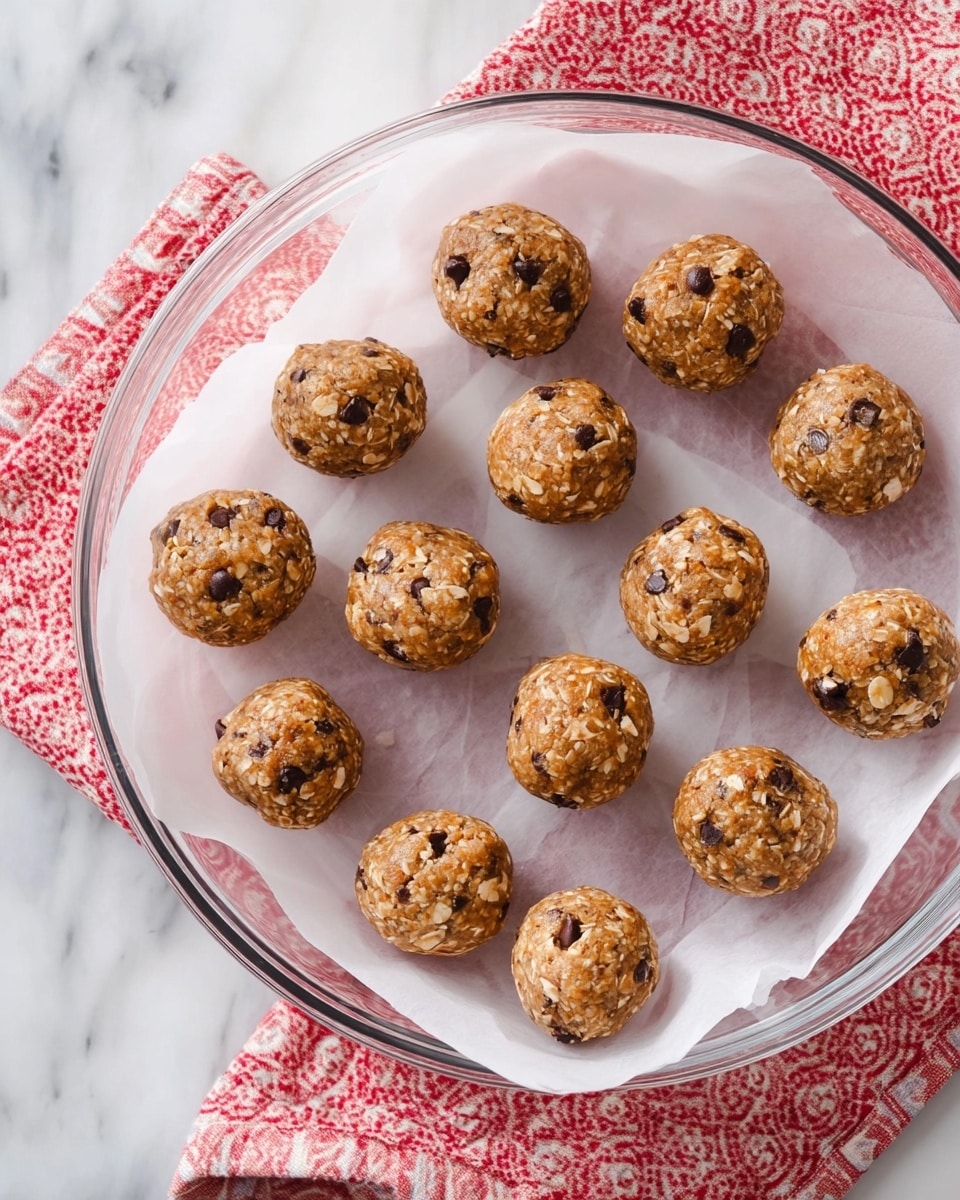A glass dish lined with white parchment paper contains 16 round energy balls arranged in a loose grid. Each ball is light brown with visible oatmeal flakes and scattered dark chocolate chips embedded in the surface, giving a rough texture. The dish rests on a red and white patterned cloth over a white marbled surface. The energy balls are evenly spaced but not perfectly aligned, showing a homemade quality. Photo taken with an iphone --ar 4:5 --v 7