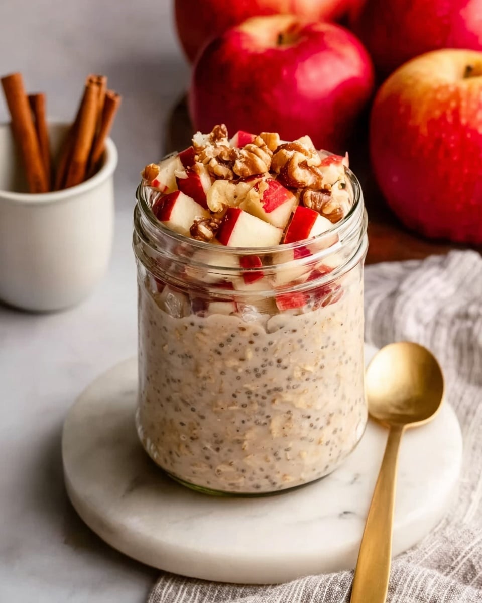 A clear glass jar filled with a creamy beige oatmeal mixture speckled with tiny chia seeds, topped with small red and white apple cubes and broken walnuts layered evenly on top. The jar is placed on a round white marble coaster, with a white marbled surface underneath. In the background, there are shiny red apples and a white cup with cinnamon sticks visible. A woman's hand is holding a gold spoon near the jar. Photo taken with an iphone --ar 4:5 --v 7