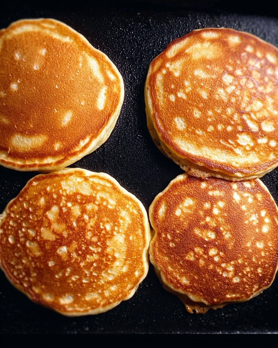 The image shows four golden-brown pancakes cooking on a black griddle. Each pancake is round with a slightly uneven edge and has a textured surface with small light spots and bubbles. The pancakes are closely closely placed next to each other, filling most of the black cooking surface. The black griddle contrasts with the warm tones of the pancakes. photo taken with an iphone --ar 4:5 --v 7