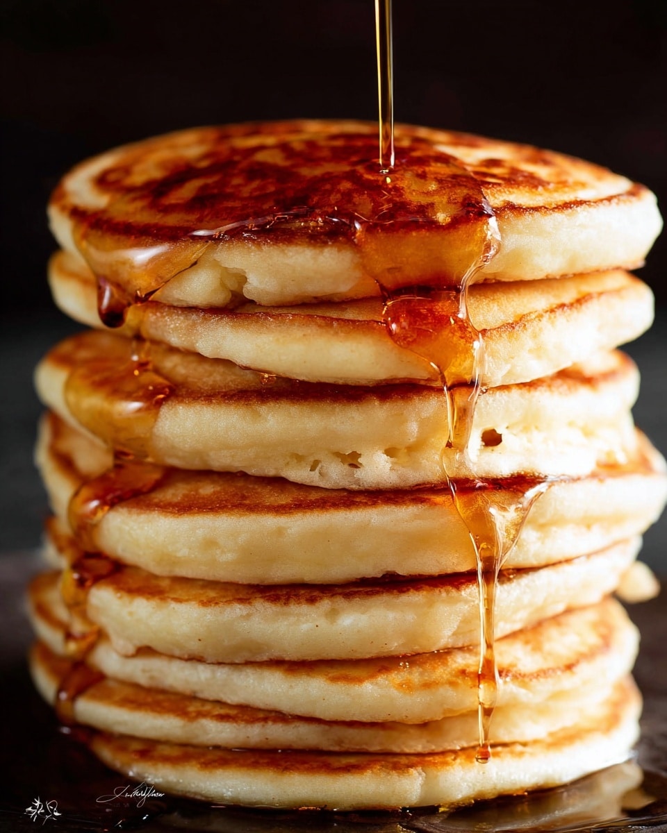 A tall stack of seven thick pancakes is shown close up, each pancake with a light golden brown color and a soft, spongy texture with tiny holes. A glossy, amber syrup is poured over the top pancake and flows down the sides of the stack, catching light to create shiny reflections. The background is dark, contrasting with the warm tones of the pancakes and syrup. The photo is detailed and focuses closely on the pancakes' layers and syrup texture photo taken with an iphone --ar 4:5 --v 7