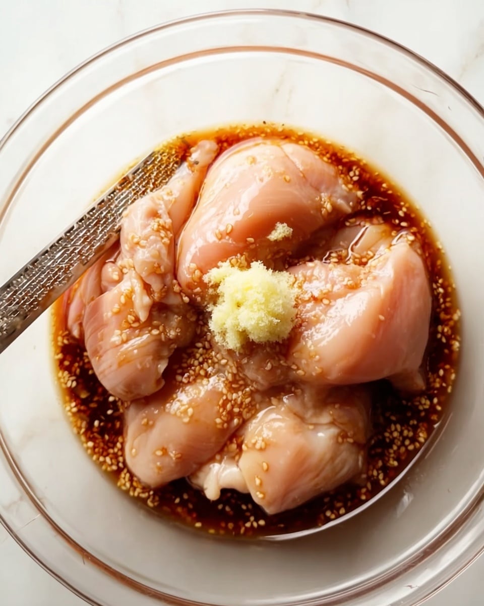 A clear glass bowl filled with 5 smooth, pale pink raw chicken pieces, partially submerged in a dark reddish-brown sauce with visible sesame seeds floating in it. On top of one chicken piece, there is a small dollop of freshly grated pale yellow ginger. A metal grater is positioned next to the bowl on a white marbled surface, with a small portion of grated ginger on it. The scene is brightly lit, showing the glossy, wet texture of the chicken and the rich color of the sauce. photo taken with an iphone --ar 4:5 --v 7