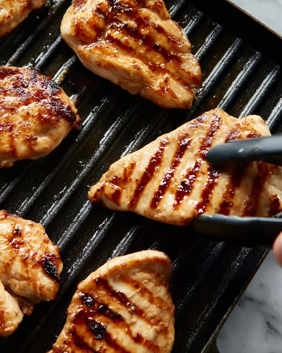 Several pieces of cooked chicken with dark grill marks lay close together on a black grill pan. The chicken pieces are light golden-brown with shiny, slightly oily surfaces showing a mix of smooth and textured areas. A woman's hand holding black tongs is visible at the bottom right corner, about to lift one piece. The grill pan has parallel raised ridges creating the stripes on the chicken. The background is a white marbled texture. photo taken with an iphone --ar 4:5 --v 7