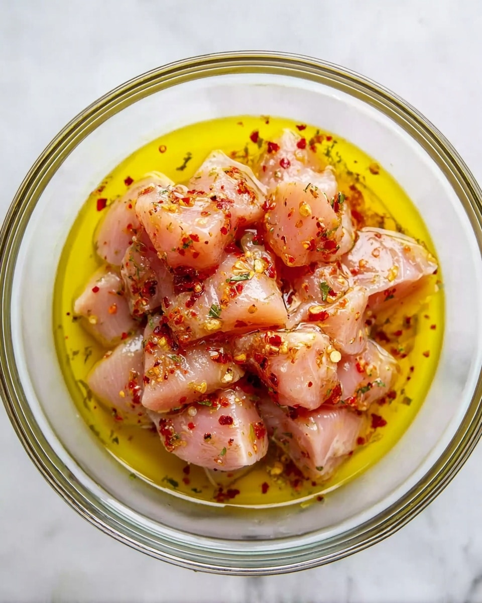 A clear glass bowl holds several pieces of raw pink chicken soaked in a bright yellow oil mixed with red spice flakes and small bits of green herbs, all resting on a white marbled surface. The chicken pieces are cut into medium chunks that fill the bowl's center, with the oil and spices evenly coating them. photo taken with an iphone --ar 4:5 --v 7
