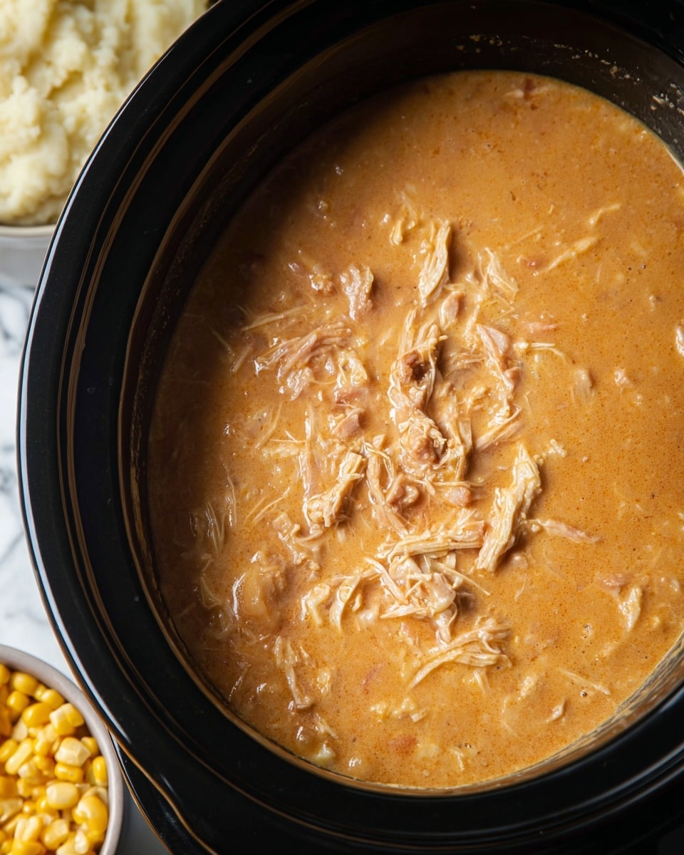 A close-up view of a black slow cooker filled with a thick, creamy orange soup that has visible light beige shredded pieces mixed throughout, suggesting tender meat or chicken. The texture of the soup looks smooth with some small chunks. In the top left corner, there is a white bowl with light beige mashed potatoes showing a slightly rough texture. At the bottom left, there is a portion of yellow corn kernels, partially visible. The whole scene is placed on a white marbled surface. photo taken with an iphone --ar 4:5 --v 7
