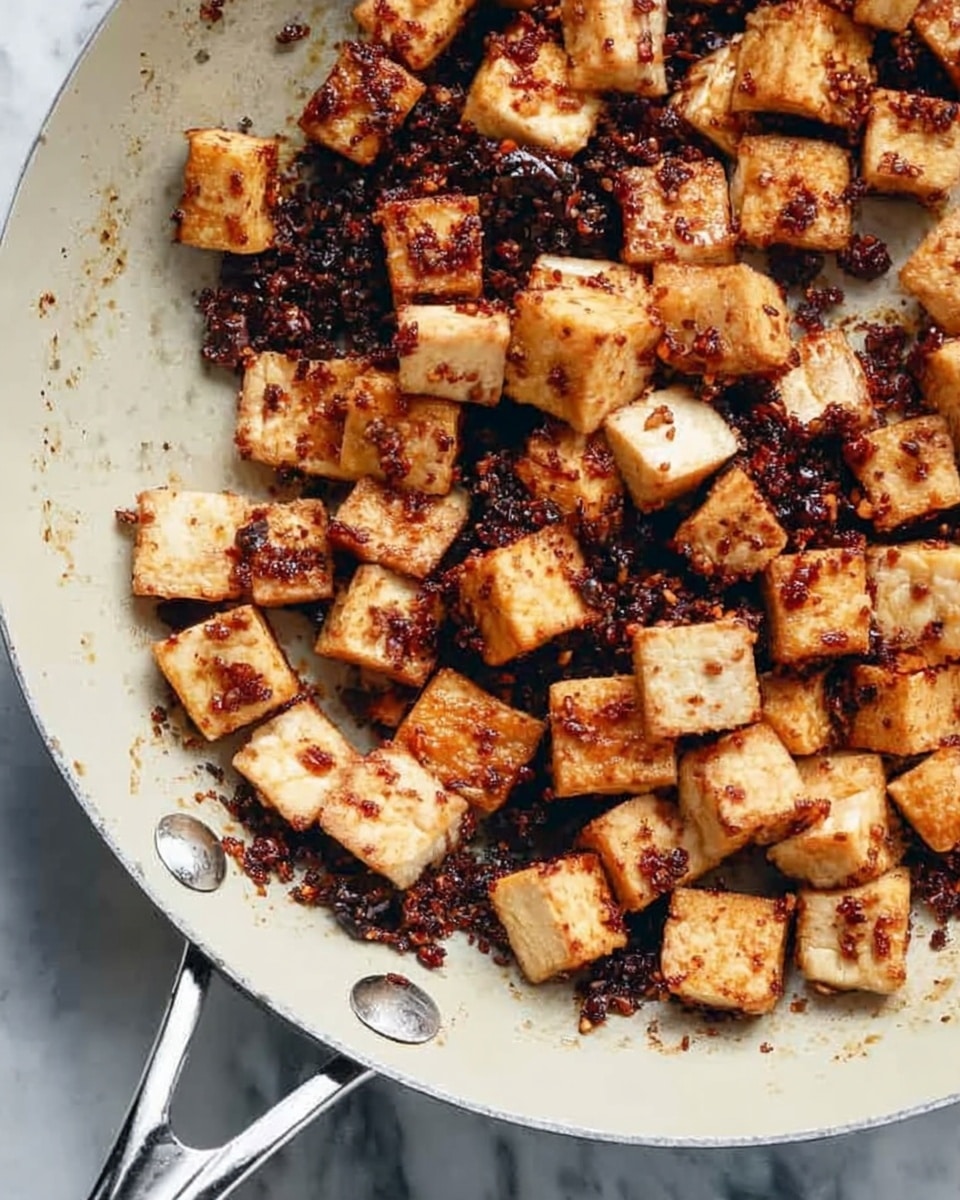 The image shows a close-up of a white pan filled with small golden-brown cubes of tofu, some parts slightly darker with a crispy texture. The tofu is mixed with dark brown, crumbly bits that look like fried spices or seasoning, scattered unevenly among the cubes. The metal handle of the pan is visible in the lower left corner, and the white marbled surface beneath the pan is also seen. Photo taken with an iphone --ar 4:5 --v 7