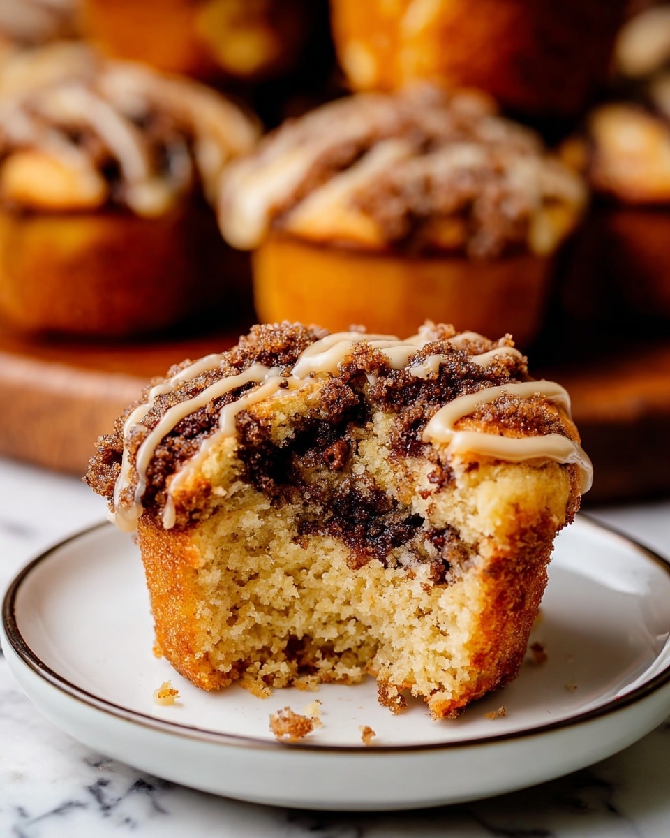 A single muffin with a bite taken from the front sits on a small white plate, showing three layers: a light golden brown fluffy cake base, a thick dark brown cinnamon swirl in the middle, and a crumbly brown topping with a drizzle of light beige icing on top. The muffin has a rough texture with visible crumbs, and the background shows more similar muffins softly blurred, all set on a white marbled texture. Photo taken with an iphone --ar 4:5 --v 7