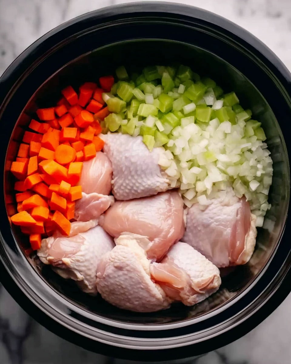Inside a black slow cooker, there are four skinless raw chicken thighs stacked on one side. To the left of the chicken, there are three separate piles of chopped vegetables: bright orange carrot slices at the top, pale green diced celery in the middle, and finely chopped white onions at the bottom. The textures show the smooth, soft surface of the raw chicken and the fresh, crisp look of the vegetables. The background is a white marbled surface. photo taken with an iphone --ar 4:5 --v 7