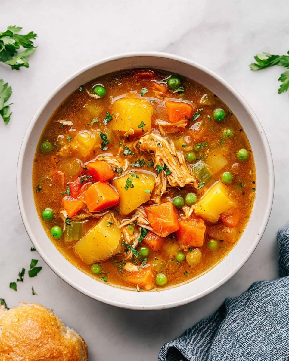A white bowl filled with thick vegetable and chicken soup, showing about four layers of ingredients visible: bright orange carrot chunks, golden yellow potato pieces, green peas scattered throughout, and tender shredded chicken in a brownish broth with visible herbs. The bowl is set on a white marbled surface, with part of a golden bread roll on the bottom left and a blue striped cloth partially visible on the bottom right. Some green parsley leaves are at the top left corner. photo taken with an iphone --ar 4:5 --v 7