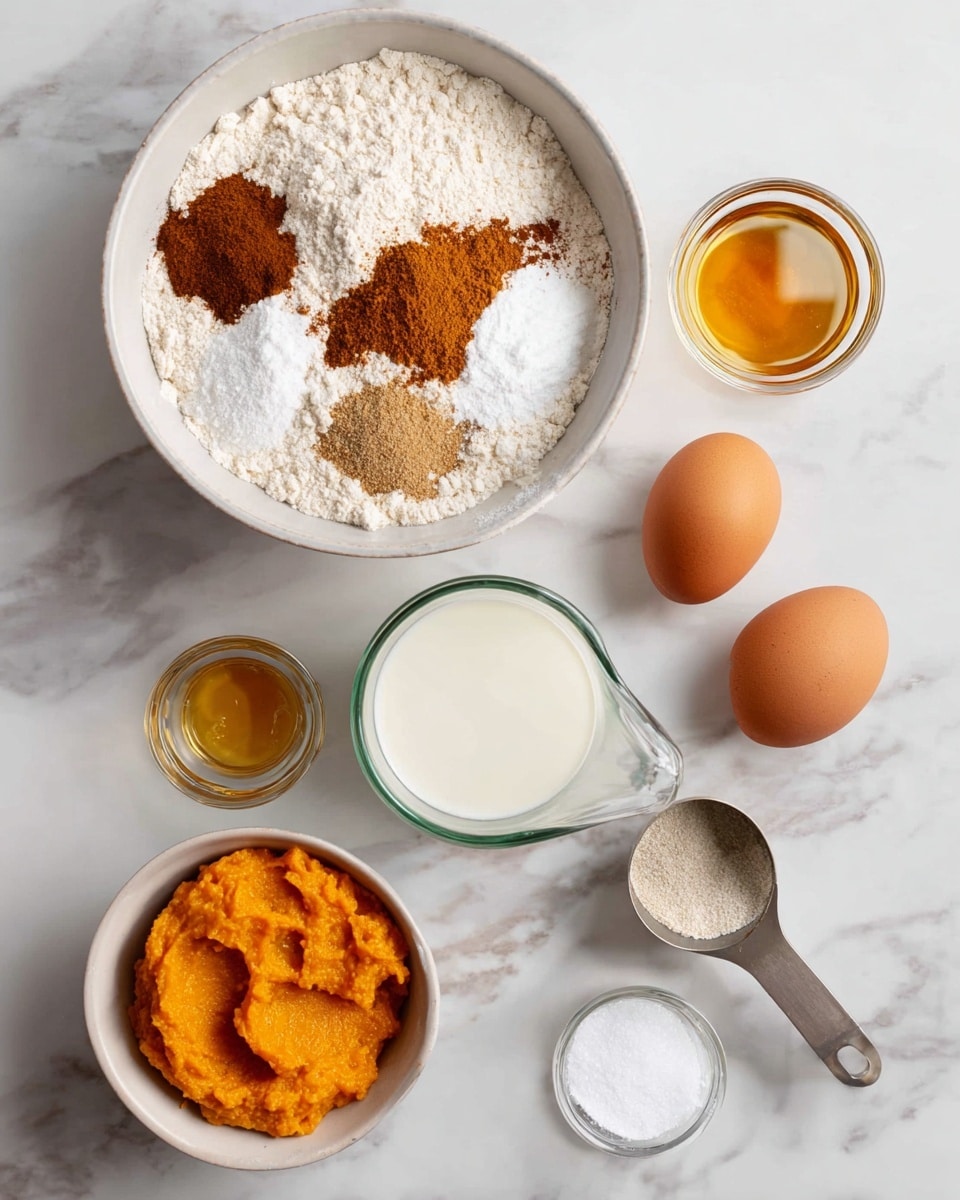 The image shows various baking ingredients arranged neatly on a white marbled surface. In the center left, there is a large white bowl containing dry ingredients layered side by side: light brown flour, white baking soda or powder, and a blend of brown and orange spices. To the right of this bowl, there are two brown eggs. Below the eggs, a glass measuring cup holds white liquid, likely milk. In front of the measuring cup is a smaller white bowl filled with bright orange pumpkin puree. Around the main items, there are small glass bowls and a metal measuring cup with golden liquid, orange syrup, and white sugar, arranged in an arc shape. The scene is clean, well-lit, and organized, on a white marbled background. photo taken with an iphone --ar 4:5 --v 7