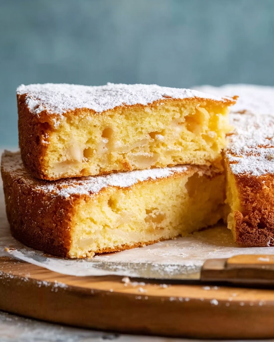 A close-up image of a soft yellow cake with a light dusting of powdered sugar on top. The cake is sliced into three thick layers, revealing a moist inside with small chunks of fruit or filling evenly spread throughout. The outer edges have a gentle golden-brown crust. The cake rests on a wooden board with a knife nearby, set against a white marbled surface and a muted blue background. The photo taken with an iphone --ar 4:5 --v 7