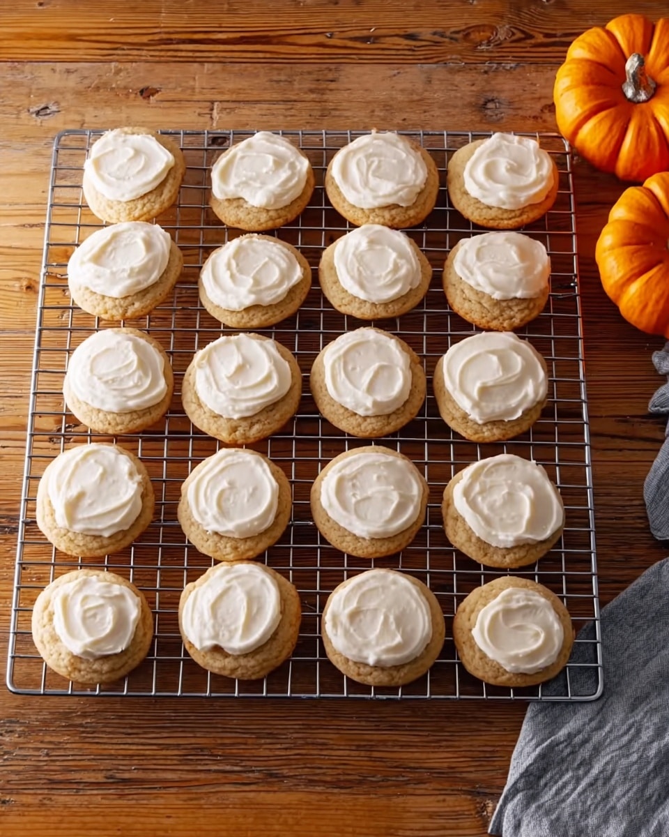 The image shows a metal cooling rack holding 18 round cookies arranged in 3 rows and 6 columns. Each cookie is golden-brown with a smooth layer of creamy white frosting on top, spread evenly but with a slightly soft texture. The rack is placed on a wooden surface, and in the upper right corner, there are two small orange pumpkins and a wrinkled gray cloth. The whole scene is bright and warm with a cozy, homemade feel. photo taken with an iphone --ar 4:5 --v 7