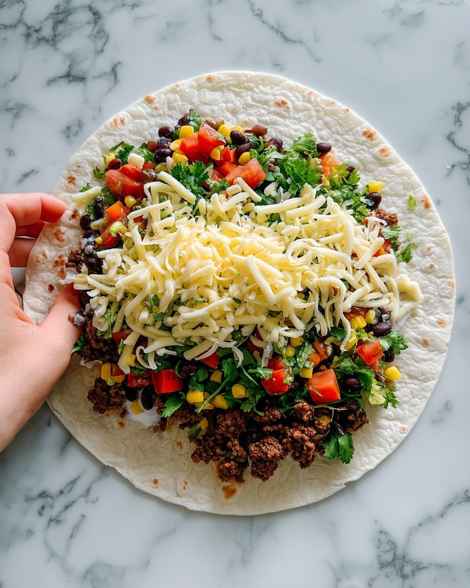 A large white tortilla lays open on a white marbled surface, topped with several layers of food. The bottom layer is cooked ground beef, dark brown and crumbly, spread evenly on the center of the tortilla. Above the beef, there are black beans, visible near the edges, and a mix of chopped fresh vegetables including green leafy cilantro, red diced tomatoes, and yellow corn kernels scattered on top. Shredded pale yellow cheese is sprinkled generously over all the layers, with its soft strands standing out against the colorful vegetables. A woman's hand is holding the edge of the tortilla on the left side of the image. The overall look is fresh and inviting. photo taken with an iphone --ar 4:5 --v 7