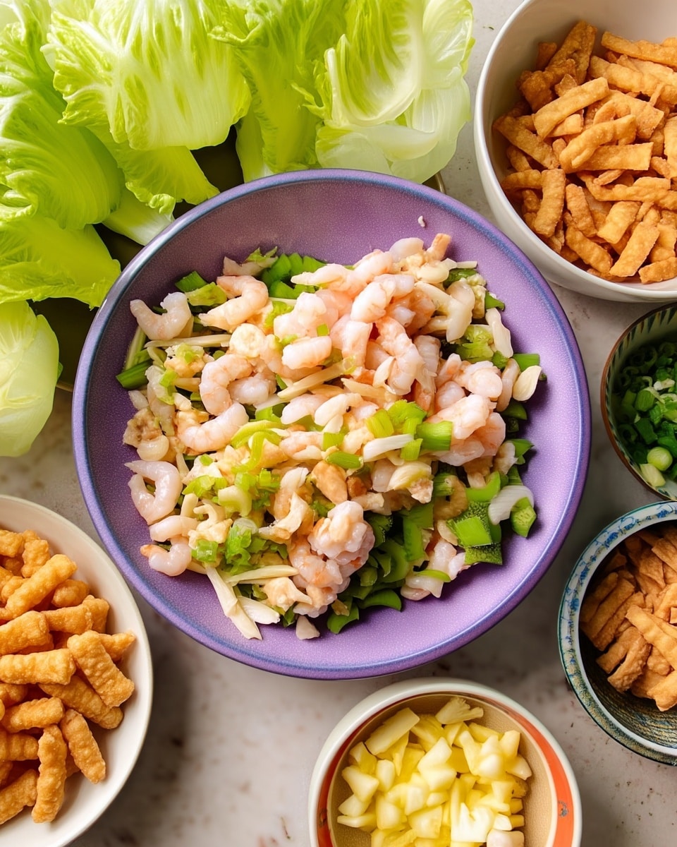 A close-up shot shows a purple bowl filled with a mix of light pink shrimp pieces, pale yellow sliced water chestnuts, and bright green celery slices, all evenly mixed. Around the bowl, there are three smaller bowls: one with fresh green onion slices, one with golden-brown crispy wonton strips, and another with small yellow diced pineapple pieces. To the left, several crisp, light green lettuce leaves rest on a white plate. All items are placed on a white marbled surface. photo taken with an iphone --ar 4:5 --v 7