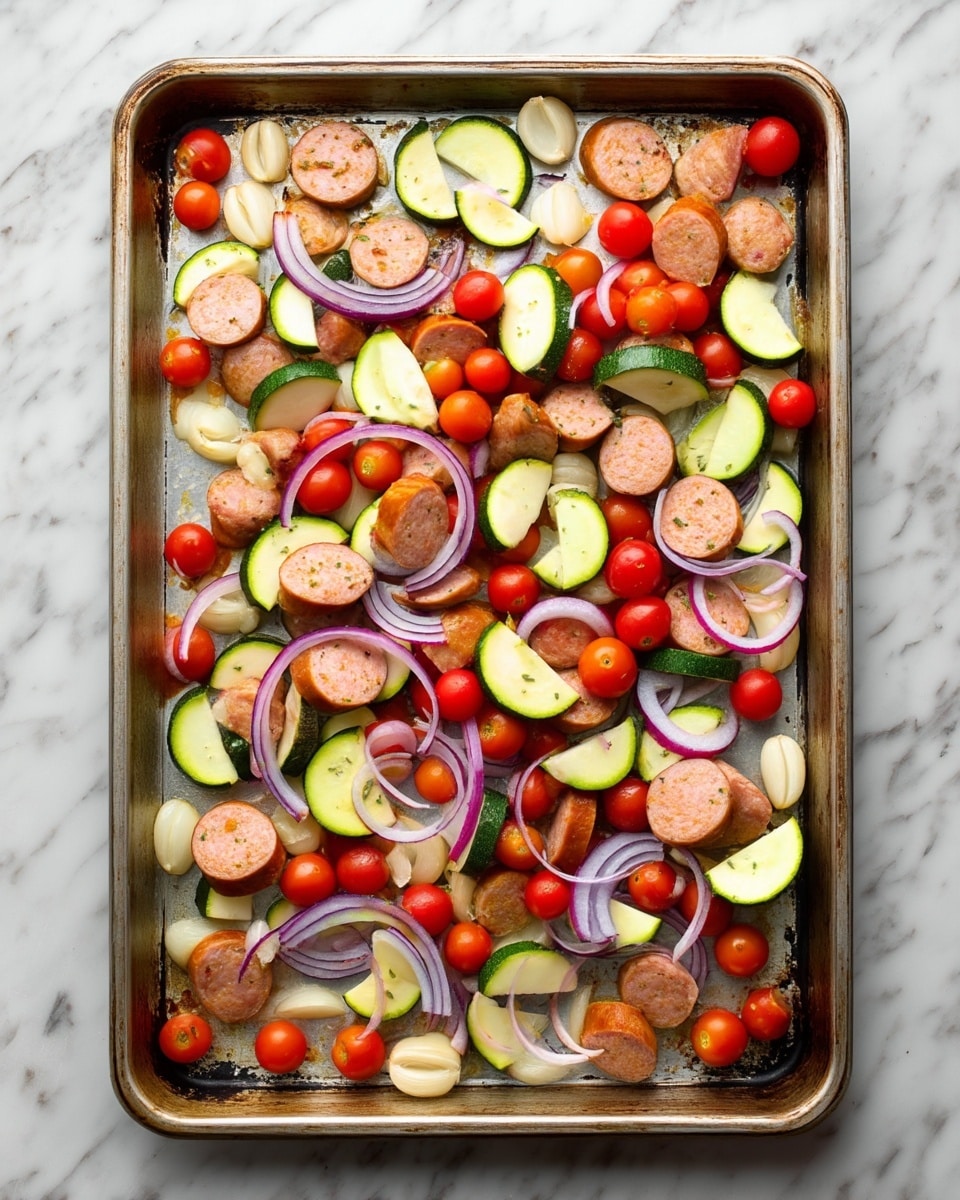 The image shows a baking tray filled with an arrangement of sliced sausage pieces, zucchini half-moons, cherry tomatoes, and thin rings of red onion scattered over small whole garlic cloves. The ingredients are spread out evenly, showing bright red tomatoes, pale white garlic, green zucchini with lighter insides, orange-brown sausage slices, and purple onion rings creating a colorful and fresh mix. The tray sits on a white marbled surface. photo taken with an iphone --ar 4:5 --v 7