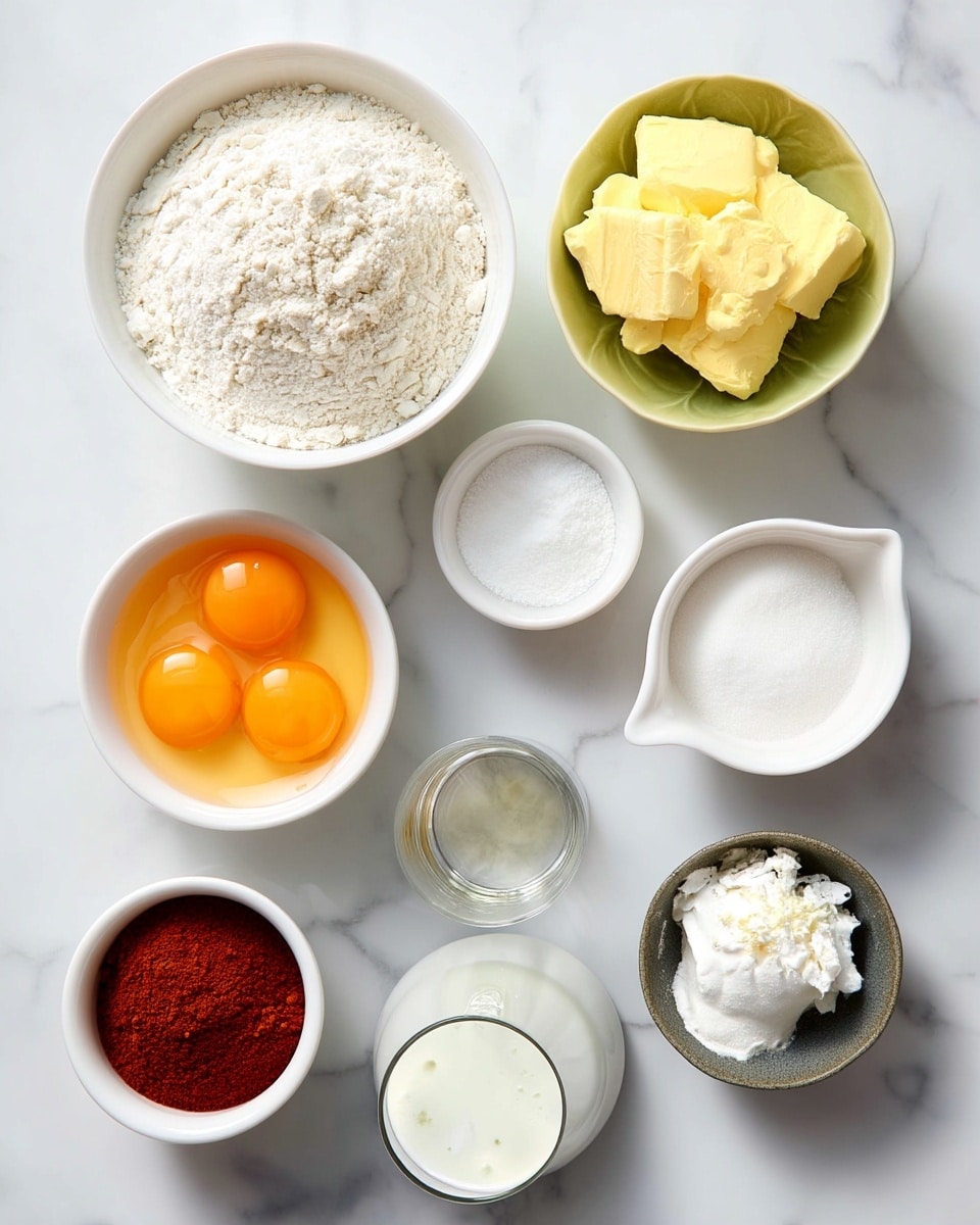 The image shows eight small bowls and a glass arranged on a white marbled surface. Starting from the upper left, a white bowl holds a pile of pale flour with a slightly rough texture. To its right, a white bowl contains several chunks of soft, pale yellow butter. Next to that, a white bowl with a spout holds four bright orange egg yolks resting in clear egg whites. Below the flour bowl, a white bowl is filled with fine white sugar with a smooth surface. In the center, a small clear glass contains a transparent liquid. Below that, a clear glass holds a white creamy liquid. To the right of the butter, a small white bowl contains a reddish-brown powder with a fine texture. Below this, a dark gray bowl has some soft, crumbly white substance. At the far right, a small white bowl holds a white powder. The setup is clean and evenly spaced. Photo taken with an iphone --ar 4:5 --v 7