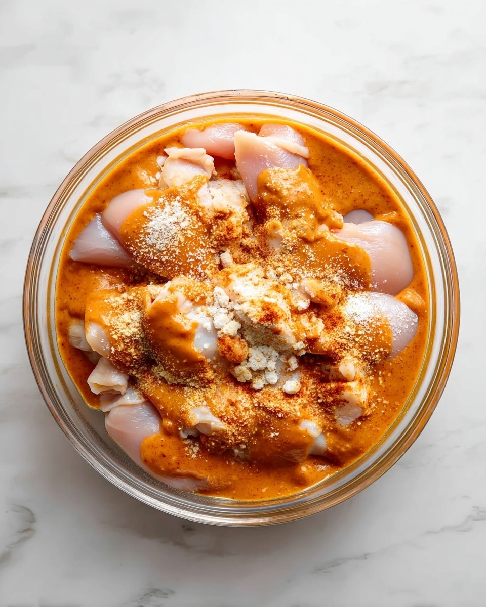 A clear glass bowl sits on a white marbled surface, filled with several pale pink raw chicken pieces at the bottom layer. On top of the chicken, an uneven layer of thick orange sauce is spread, with some parts coated more heavily than others. Light-colored powder seasoning is sprinkled in small piles over both the chicken and sauce, adding texture contrast. The overall look shows the early stage of marinating with visible wet and dry ingredients. photo taken with an iphone --ar 4:5 --v 7