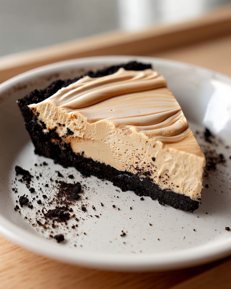 A single slice of pie sits on a white plate with crumbs scattered around it. The pie has three visible layers: a thick black crumb base at the bottom, a smooth pale beige creamy layer in the middle, and a slightly darker beige layer on top with a swirled texture. The plate is on a light brown wooden surface. photo taken with an iphone --ar 4:5 --v 7