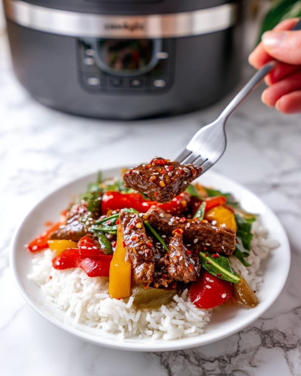 The image shows a white round plate filled with three layers of food on a white marbled surface. The bottom layer is a bed of cooked white rice. Above the rice, there is a mix of sliced red and yellow bell peppers and green leafy vegetables, adding bright colors and a fresh look. The top layer consists of several pieces of brown cooked meat covered with sesame seeds and red chili flakes, some pieces glistening as one piece is lifted by a silver fork held by a woman's hand. In the background, there is a blurred black slow cooker with a silver band. photo taken with an iphone --ar 4:5 --v 7