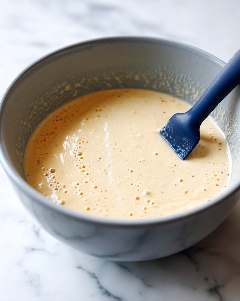 A close-up view of a thick, light beige batter mixture with small bubbles on its surface inside a gray bowl. A dark blue spatula is partially submerged in the batter, positioned on the right side of the bowl. The bowl rests on a white marbled surface, creating a clean background. The texture looks smooth and creamy with visible air bubbles. photo taken with an iphone --ar 4:5 --v 7
