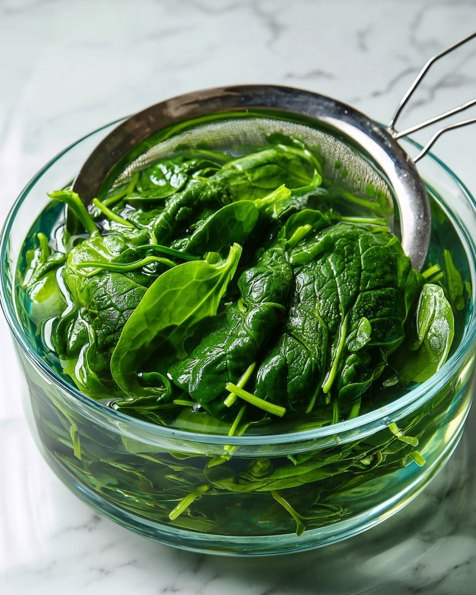 A transparent glass bowl filled with water holds bright green leaves, some fully submerged, some floating, showing a mix of large flat textured leaves and thin long stems with small leaves attached. The water's surface is clear with sunlight reflections creating a glossy and fresh look to the greens. A white marbled surface is visible underneath the bowl, and part of a silver mesh ladle is seen resting on the edge of the bowl. A woman's hand is lightly touching the edge of the bowl. photo taken with an iphone --ar 4:5 --v 7