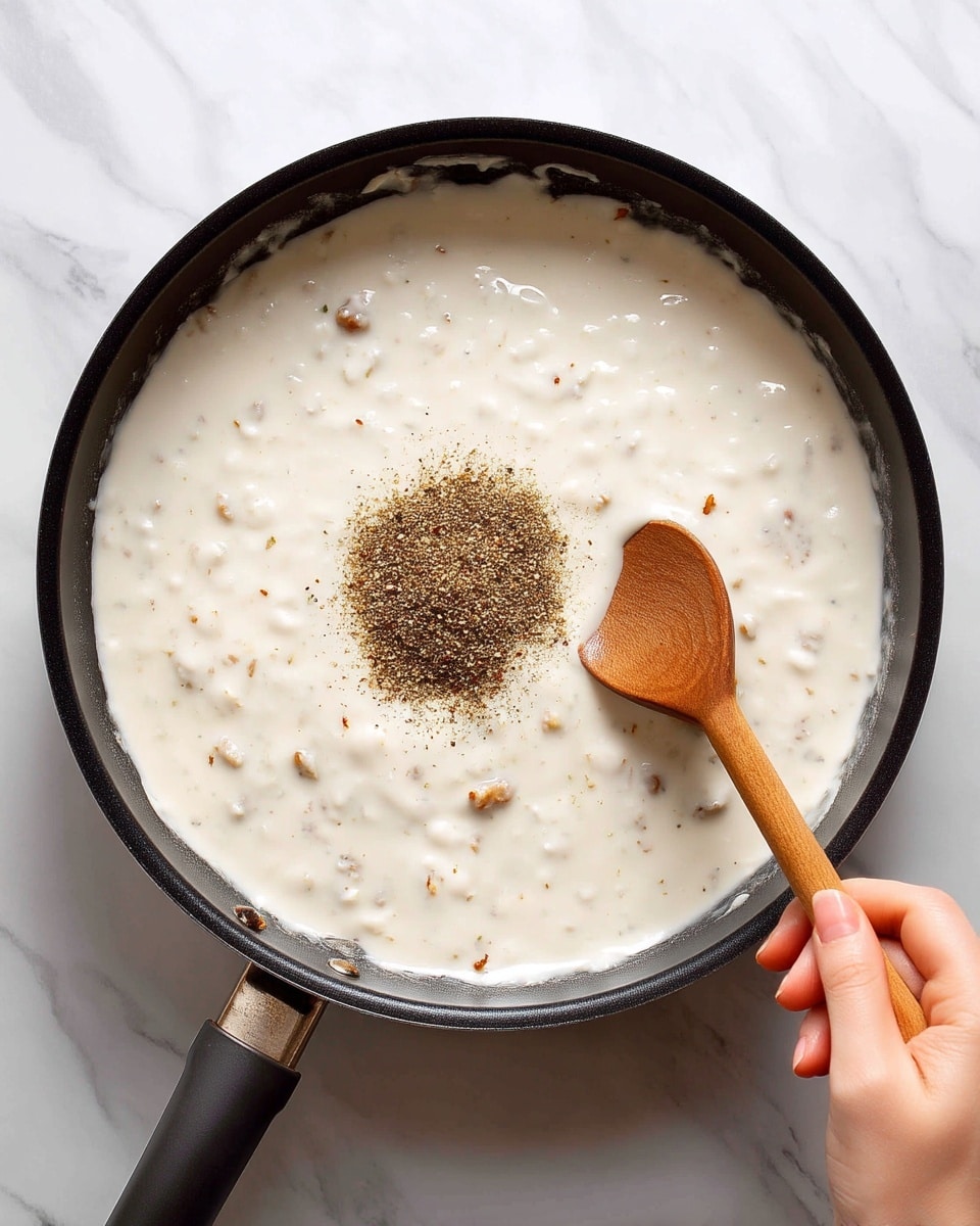 A close-up view of a white creamy sauce with small chunks throughout, cooking in a black pan on a white marbled surface. The sauce has a smooth and slightly thick texture with tiny browned bits visible inside. There is a small pile of ground black pepper on top near the center, and a wooden spatula is held by a woman's hand, stirring the sauce from the right side of the pan. photo taken with an iphone --ar 4:5 --v 7