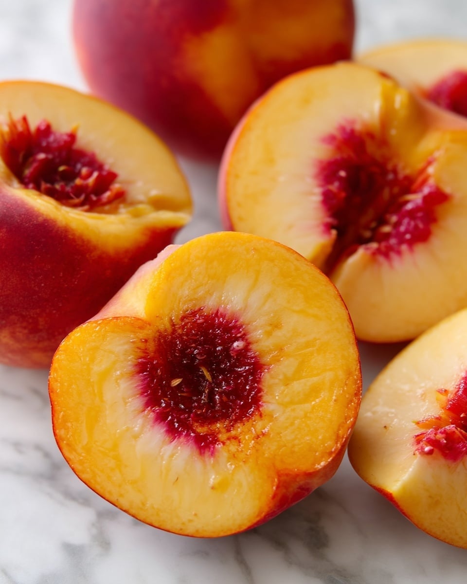 The image shows several peach slices arranged closely on a white marbled surface. The peaches have a deep orange-red skin with light yellow flesh. Some slices reveal a red center near the pit area, showing juicy texture. The outer edges of the slices are smooth and slightly curved, with the colors blending softly from red to yellow. The focus is on the details of the fruit’s skin and juicy flesh, giving a fresh and natural look. Photo taken with an iphone --ar 4:5 --v 7