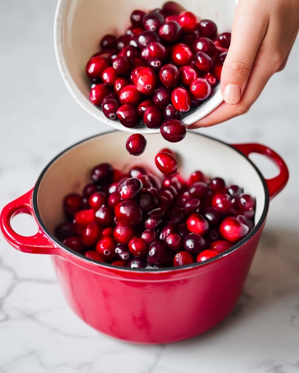 A red pot filled with shiny, round, deep red cranberries sits on a stove. Above the pot, a white bowl is tilted, a woman's hand is dropping more bright red cranberries into the pot. The focus is on the rich color and smooth texture of the cranberries, with the pot's clean white interior showing contrast. The background and surface beneath the stove are a white marbled texture. photo taken with an iphone --ar 4:5 --v 7