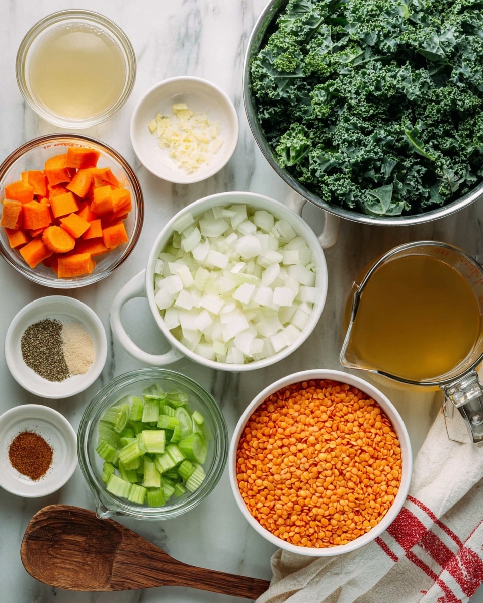 The image shows an overhead view of several white bowls and glass measuring cups arranged on a white marbled surface. There is one large bowl in the top right filled with green, curly kale leaves. Below it, a smaller white bowl holds white diced onions. Another bowl in the center is filled with bright orange lentils, and above it is a bowl with orange carrot cubes. To the left, a bowl contains chopped green celery pieces. There are two small white bowls near the bottom with ground spices, one brown and one with white and black pepper. At the top left, there is a small bowl of minced garlic next to a bowl with a pale yellow liquid. Two glass measuring cups sit on opposite sides, one filled with a clear liquid and another with a light golden broth. A wooden spoon lies diagonally across the lower left corner over a white and red striped cloth. The scene is brightly lit and arranged neatly. Photo taken with an iphone --ar 4:5 --v 7