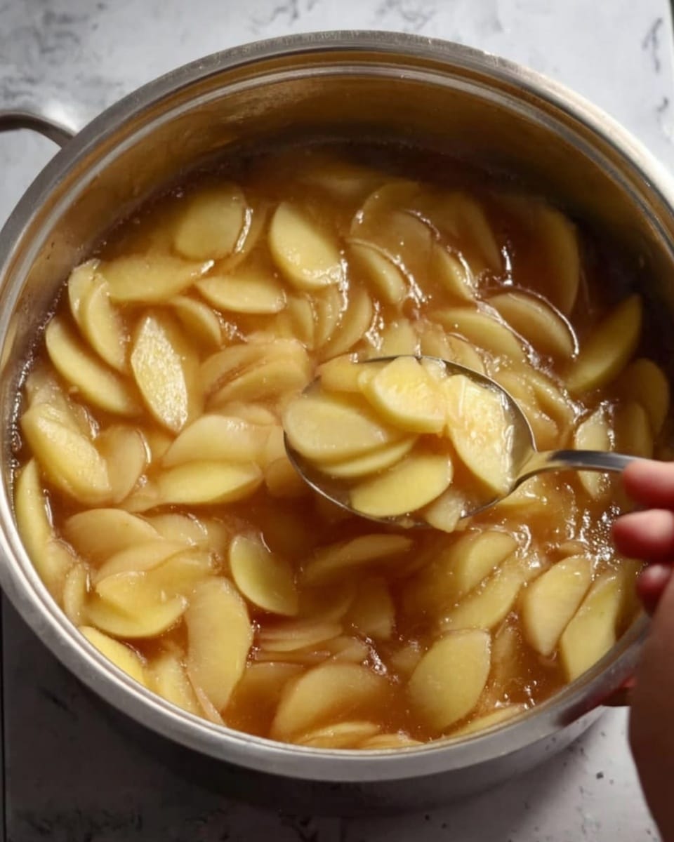 The image shows a large silver pot filled with thin, pale yellow slices of fruit or vegetable, covered in a shiny, light brown sauce. A silver spoon is scooping up some of the slices from the top right side of the pot. At the bottom left portion of the pot, a woman's hand is holding the pot handle. The background surface is a white marbled texture. photo taken with an iphone --ar 4:5 --v 7