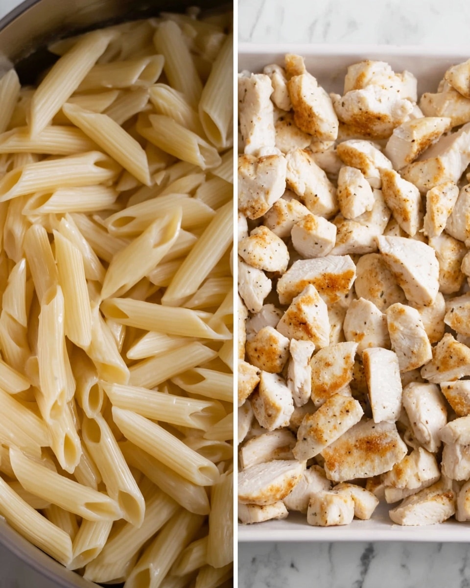 The image shows two close-up views side by side. On the left, there is a pot full of cooked penne pasta, creamy beige in color with smooth, ridged tubes piled closely together. On the right, there is a white baking pan filled with many small pieces of light golden-brown cooked chicken, slightly browned on the surface with a tender texture, arranged in a single layer. The background has a white marbled texture. photo taken with an iphone --ar 4:5 --v 7