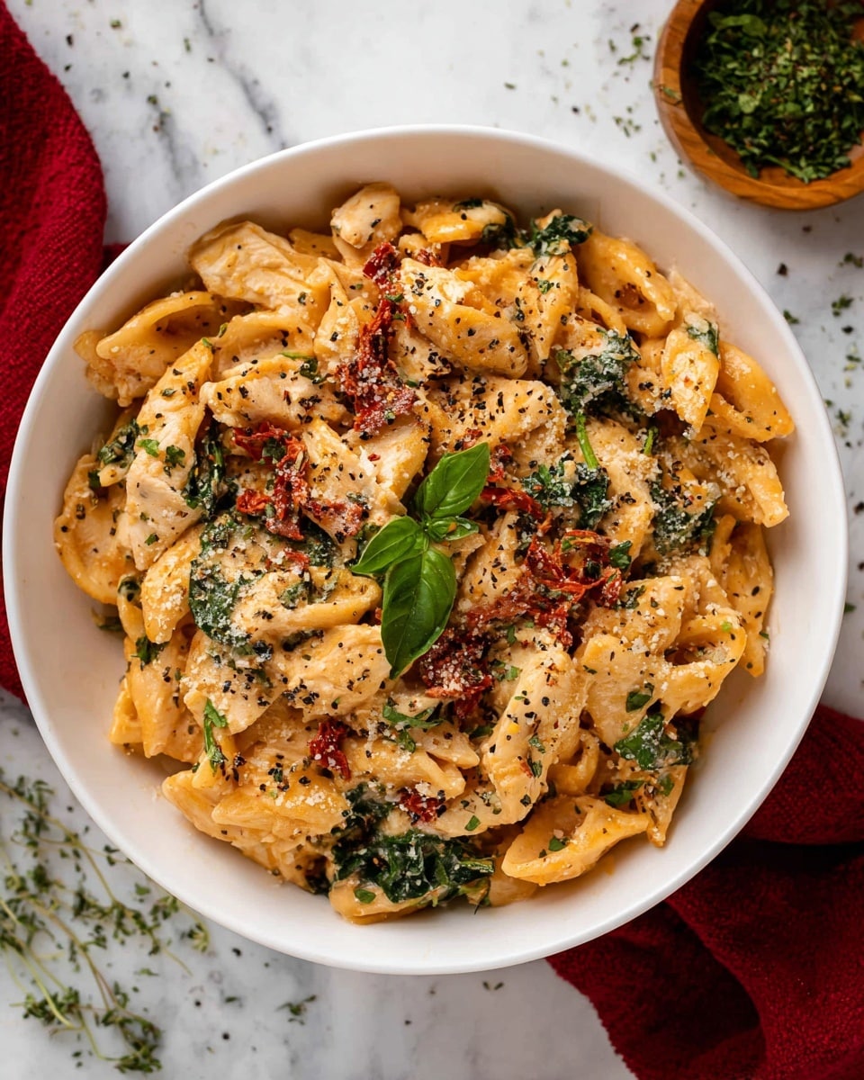 A white bowl filled with three layers of food: the bottom layer has creamy light orange pasta shapes, the middle layer contains pieces of white chicken mixed with dried red tomato strips and dark green spinach leaves, and the top layer is sprinkled with grated cheese and black pepper, with a small fresh green basil leaf placed near the center; the bowl sits on a white marbled surface with some scattered green herbs and a small wooden bowl with more green herbs near the top right corner, a red cloth partly seen on the left side photo taken with an iphone --ar 4:5 --v 7