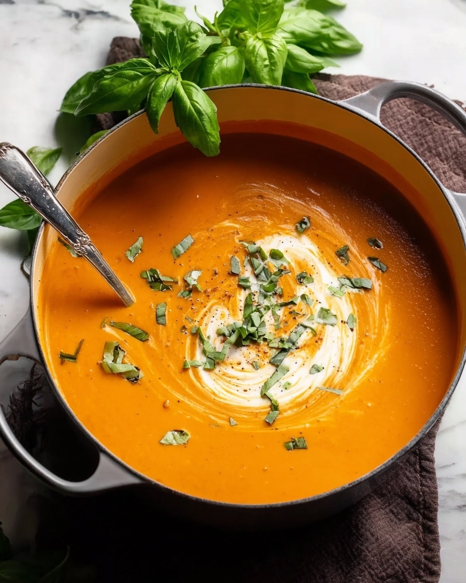 A black bowl filled with smooth orange tomato soup topped with a swirl of white cream and small green herb pieces, a spoon resting inside the bowl. On the edge of the bowl, a toasted grilled cheese sandwich piece is placed, showing melted cheese inside. Behind the bowl, there are two more stacked grilled cheese sandwich halves with brown toasted crusts and a green basil leaf on top. Fresh green basil leaves are visible on the right side. All items are placed on a wooden board with a white marbled surface underneath. Photo taken with an iphone --ar 4:5 --v 7