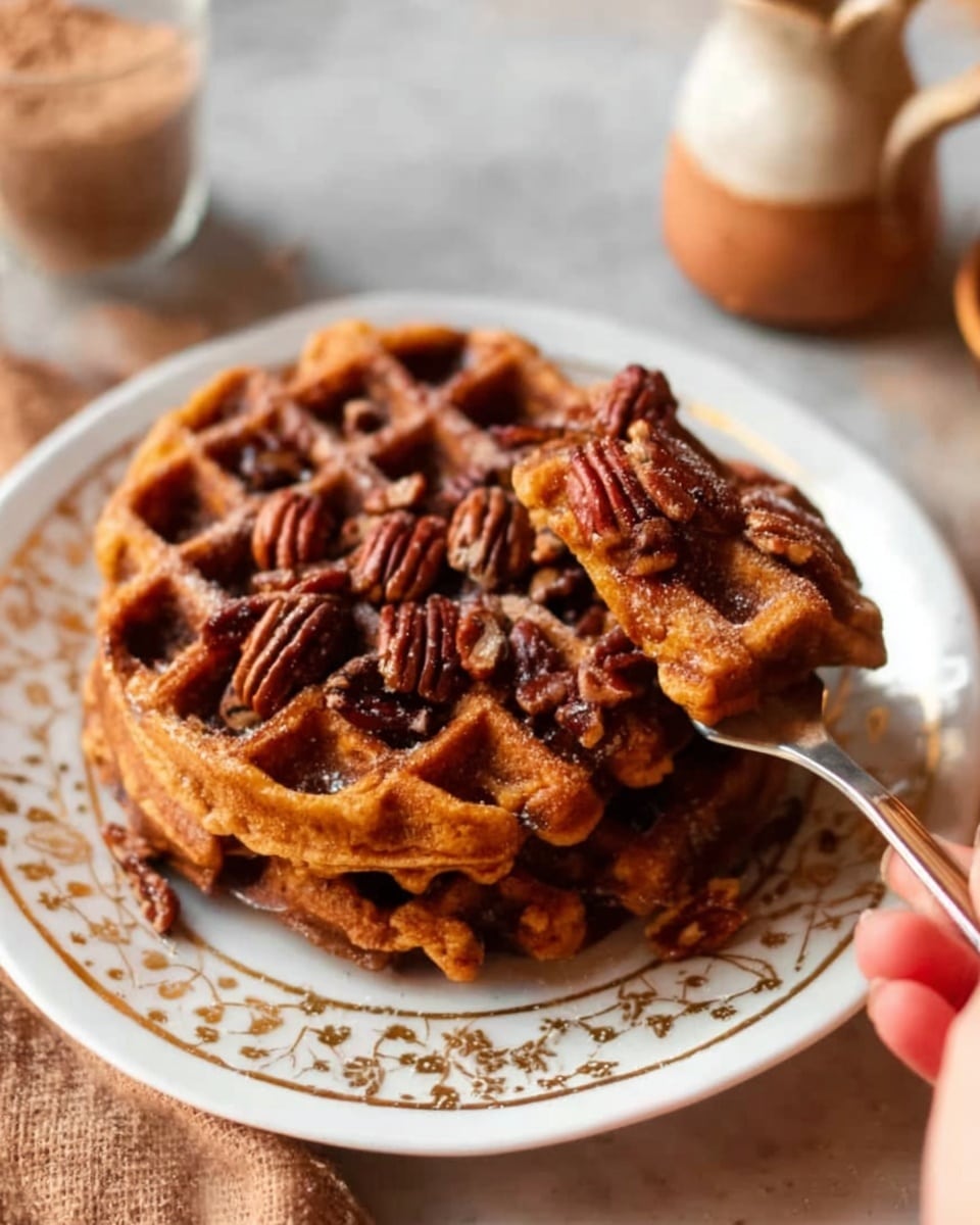 The image shows a white ornate plate with two golden-brown waffles stacked slightly overlapping. The waffles have deep square pockets filled with a thick syrup that shines under the light, and a generous layer of pecan nuts scattered across the top and around the waffles. The texture of the waffles looks crispy on the outside with a soft inside. The background is a white marbled surface. photo taken with an iphone --ar 4:5 --v 7