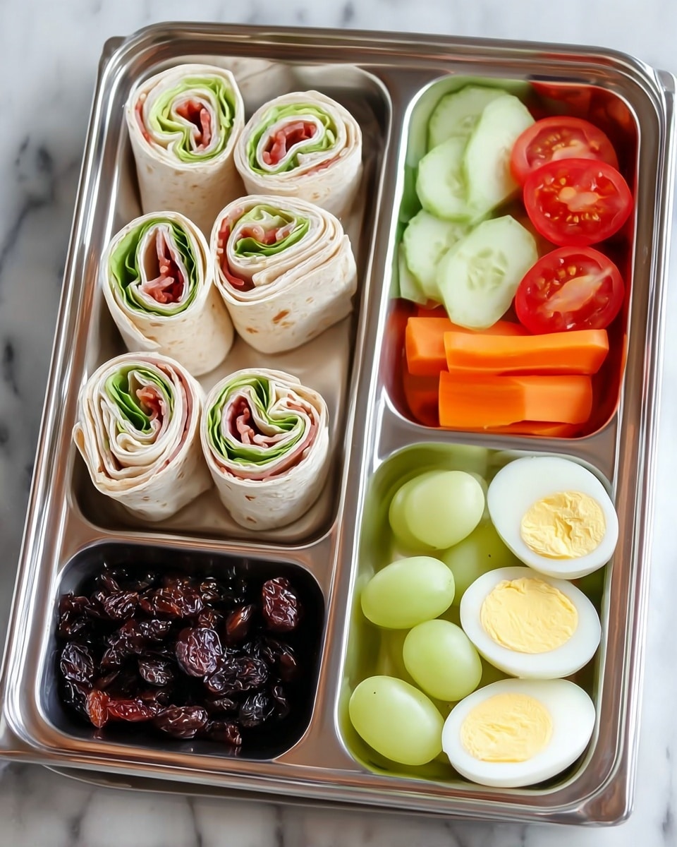 A stainless steel lunch tray with five compartments is shown on a white marbled surface. One compartment contains four turkey wrap pinwheels, each with visible layers of light beige flatbread, green leafy lettuce, and strips of reddish bacon all tightly rolled. Next to it, a larger compartment holds fresh slices of light green cucumber cut into heart shapes, bright red tomato wedges, and small vibrant orange tomato halves, arranged side by side. Below, there is a small compartment filled with dark wrinkled raisins. In another section, a cluster of plump, pale green grapes fills the space. The last compartment has two halves of a hard-boiled egg, showing the smooth white exterior and bright yellow yolk. The overall presentation is neat and colorful. Photo taken with an iphone --ar 4:5 --v 7