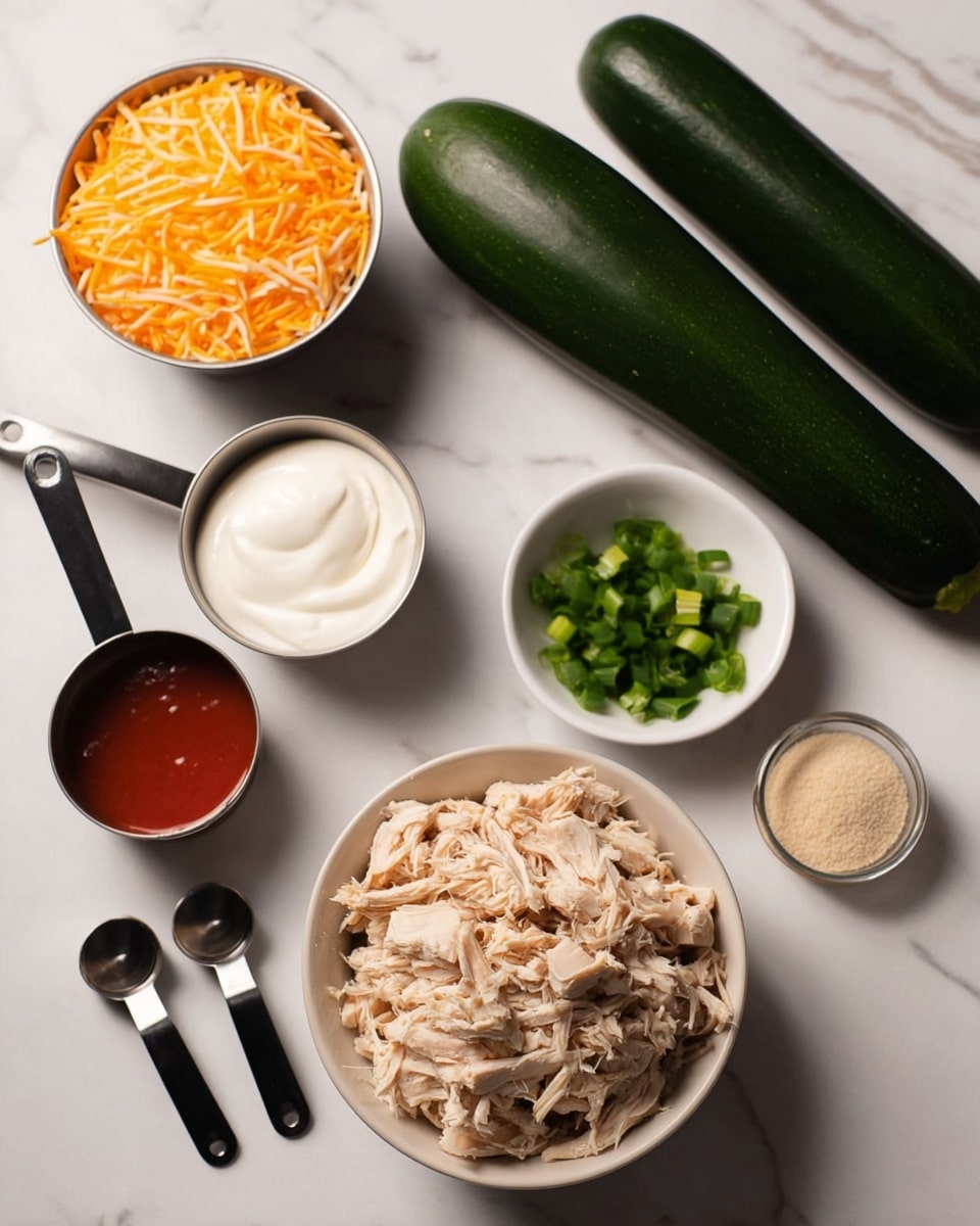 The image shows ingredients arranged on a white marbled surface. In the center right, there is a bowl filled with shredded light brown cooked chicken. To the top right of the bowl, there is a small white bowl with chopped green onions. Above that, two whole dark green zucchinis lie side by side. On the left side, there is a metal measuring cup filled with shredded orange cheese at the top, followed below by a metal measuring cup with red sauce, then another metal measuring cup filled with white sour cream, and two small black measuring spoons holding a beige powder ingredient near the chicken bowl. The layout is neat and well spaced, showing the ingredients clearly. Photo taken with an iphone --ar 4:5 --v 7