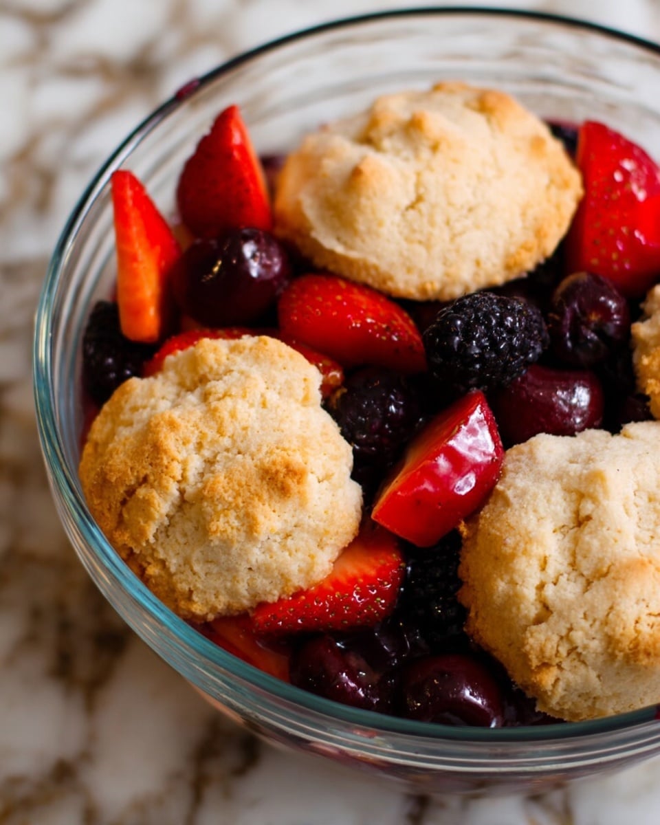 The dish shows four round golden-brown biscuits with a slightly rough and crumbly texture placed on top of bright red strawberries, dark purple blackberries, and deep red cherries in a clear glass bowl. The fruits create a colorful base layer with shiny and juicy surfaces, while the biscuits form a warm, textured top layer with some cracks and soft edges. The bowl is set on a white marbled surface. photo taken with an iphone --ar 4:5 --v 7