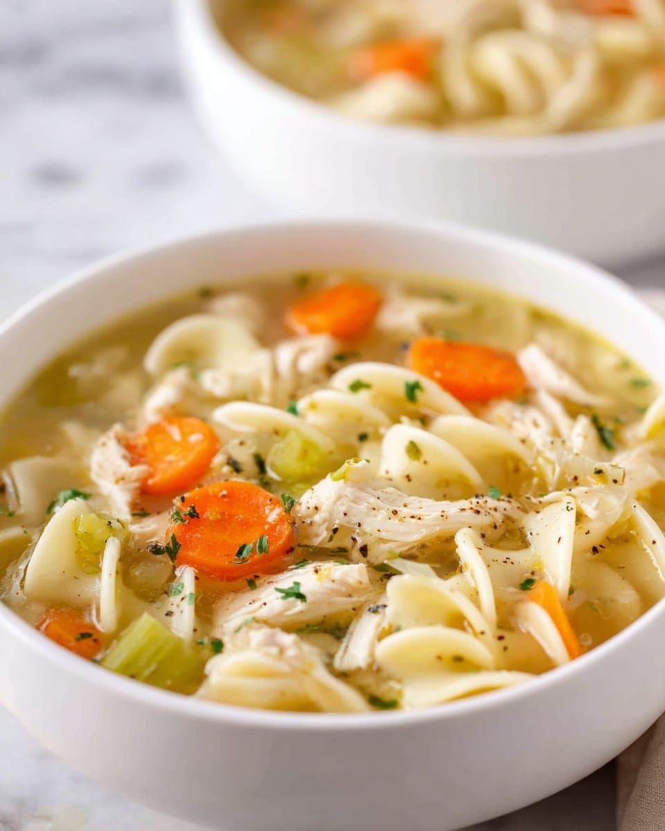 The image shows a white bowl filled with chicken noodle soup placed on a white marbled surface. The soup layers include a clear, light yellow broth as the base, thick egg noodles that are pale cream in color and curl slightly, chunks of cooked chicken meat broken into thin pieces, bright orange carrot slices, and light green celery pieces. The soup is sprinkled with small green herb bits and some black pepper flakes on top. In the background, there is a blurred white bowl with more soup. Photo taken with an iphone --ar 4:5 --v 7