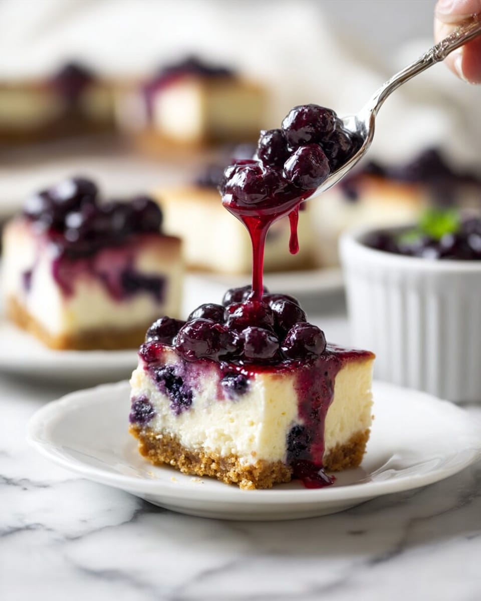 A square piece of cheesecake sits on a white plate with three clear layers: a golden brown crumbly base on the bottom, a thick creamy white middle layer studded with dark purple blueberries inside, and a shiny deep red blueberry topping with whole berries piled high. A silver spoon is held by a woman's hand just above the cheesecake, dripping extra glossy red blueberry sauce and berries onto the slice. In the background, there are blurred similar cheesecake pieces on white plates and a white bowl filled with more blueberry topping. The surface is white marble with faint grey veins. photo taken with an iphone --ar 4:5 --v 7