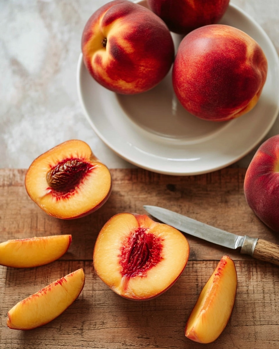 The image shows whole and sliced peaches arranged on a white plate and a wooden surface. On the white plate, there are three whole peaches with red and yellow skin. On the wooden surface, two whole peaches are placed beside a knife with a wooden handle. There are two peach halves with visible pits, both showing a deep reddish-orange, juicy inside. Around them are several peach slices with a bright orange-yellow texture and red shading near the edges. The background is a white marbled texture. Photo taken with an iphone --ar 4:5 --v 7