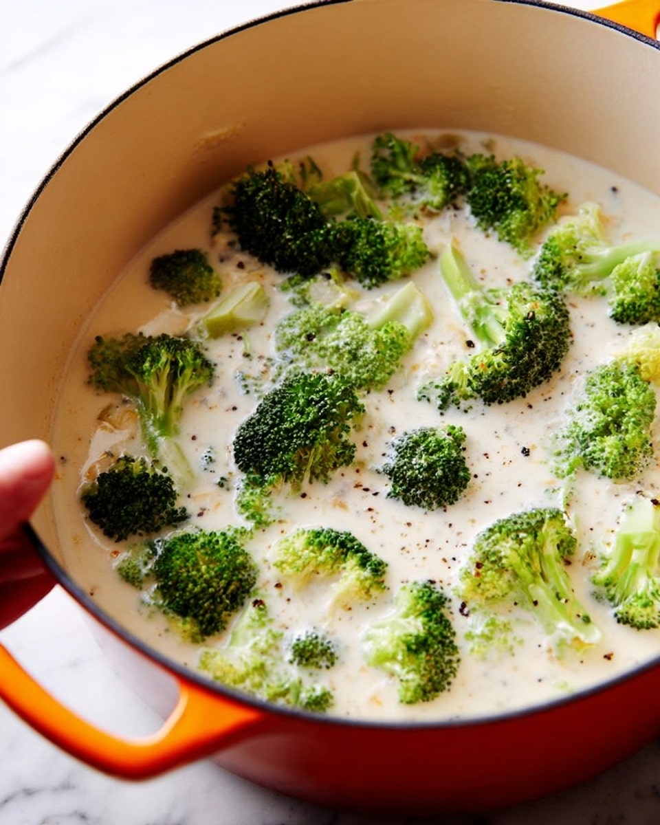 The image shows green broccoli florets floating in a creamy white sauce inside a large white pot with an orange exterior. The sauce has a smooth texture, with some small black pepper flakes scattered on top. The broccoli pieces are uneven in size and spread evenly across the surface of the sauce. A woman's hand is partially visible on the left edge, holding the pot’s white lid. The background is a white marbled surface. photo taken with an iphone --ar 4:5 --v 7