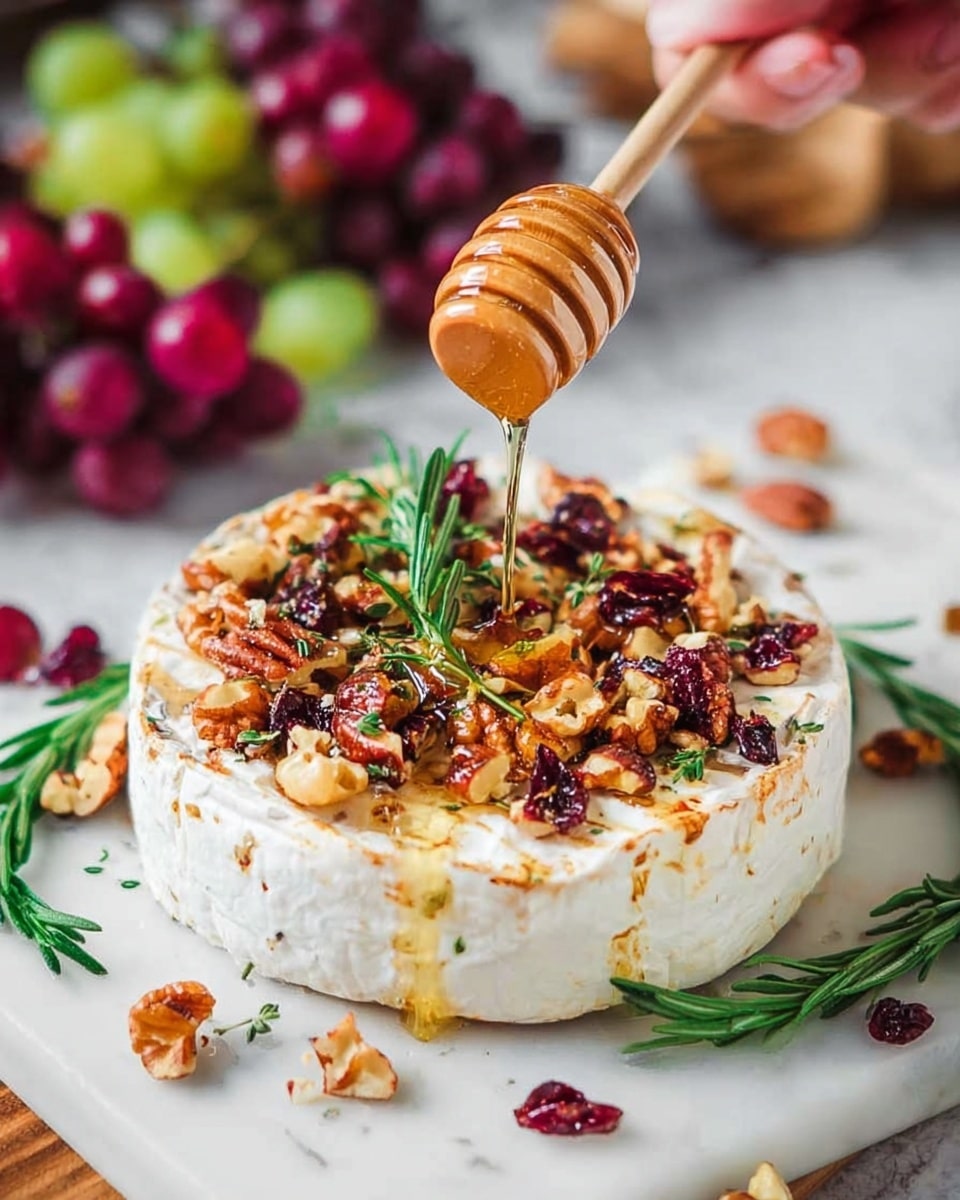 A round wheel of soft white cheese with a white rind sits on a white marbled surface. The cheese is topped with a mix of chopped brown nuts and dark red dried berries, garnished with a few green rosemary sprigs. Golden honey is being drizzled over the top from a wooden honey dipper, with a woman's hand holding it just above the cheese. Around the cheese, there are whole and chopped nuts, sprigs of rosemary, and red and green grapes filling the background. Photo taken with an iphone --ar 4:5 --v 7